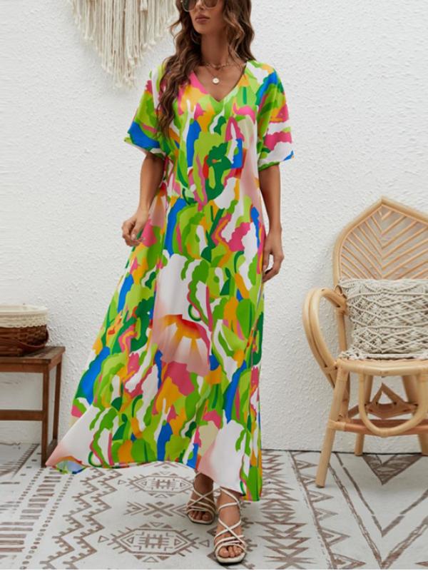 V-neck Floral Print Wide Swing Maxi Dress