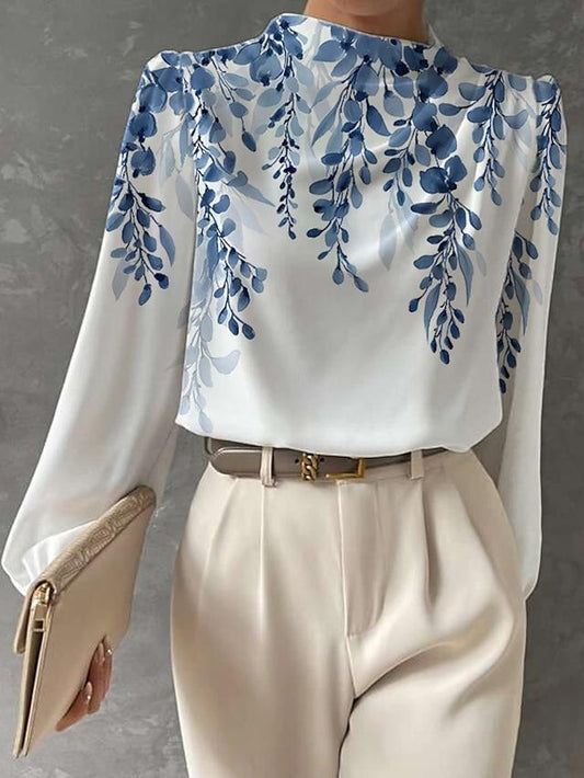 Half-high Neck Lantern Sleeve Printed Blouse