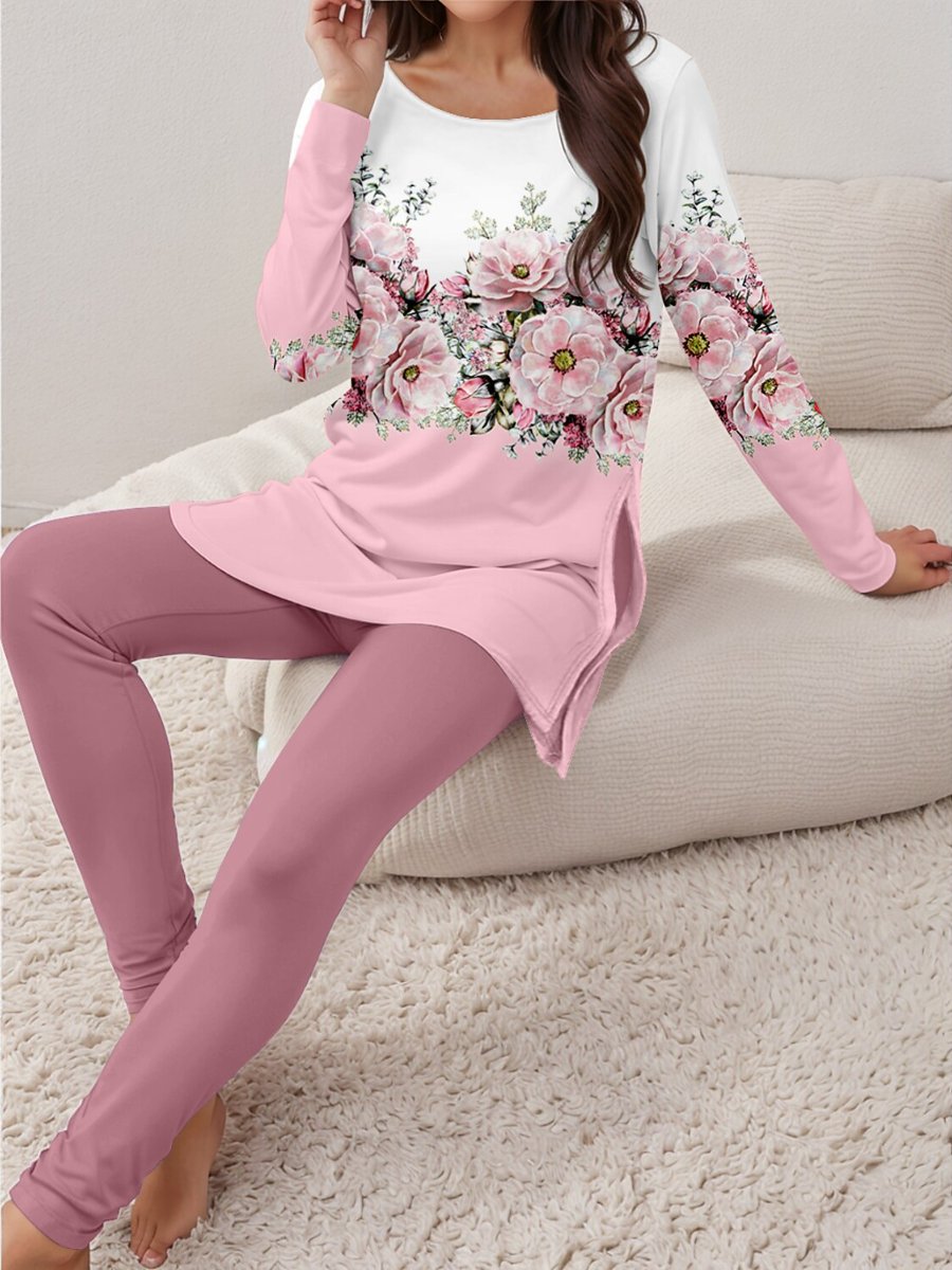 Retro Printed Split Top Solid Color Long Pants Set