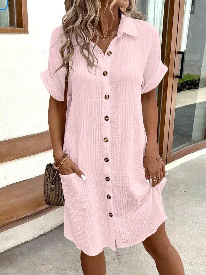 Solid Color Lapel Pocket Shirt Dress