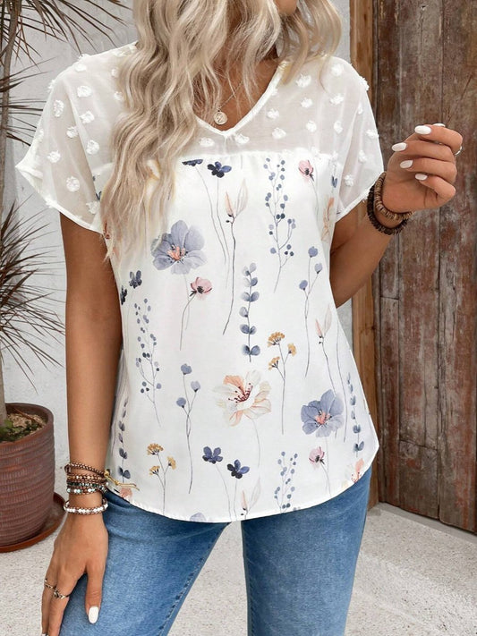 V-neck Lace Patchwork Chiffon Blouse