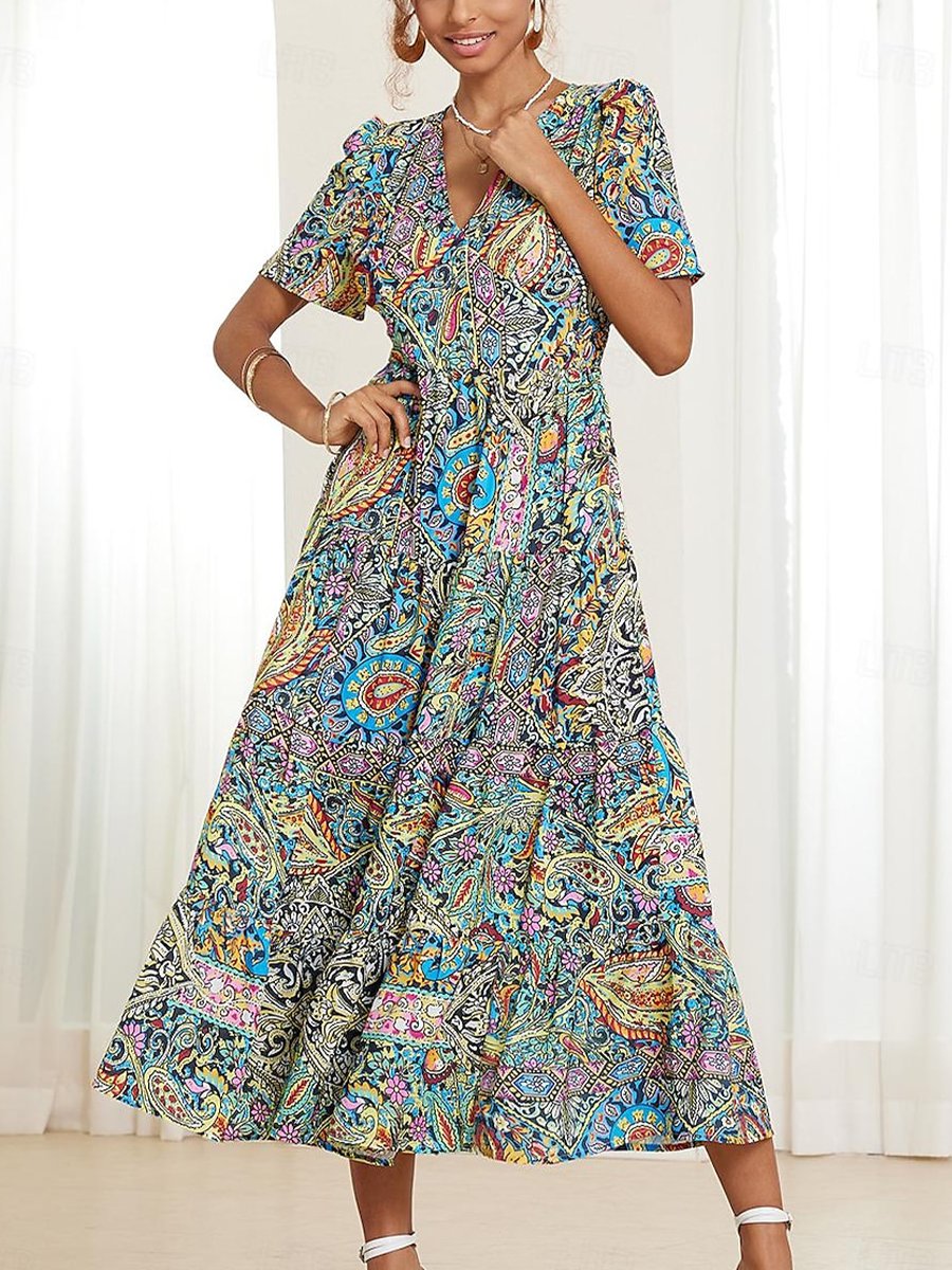 Bohemian V-Neck Paisley Maxi Dress