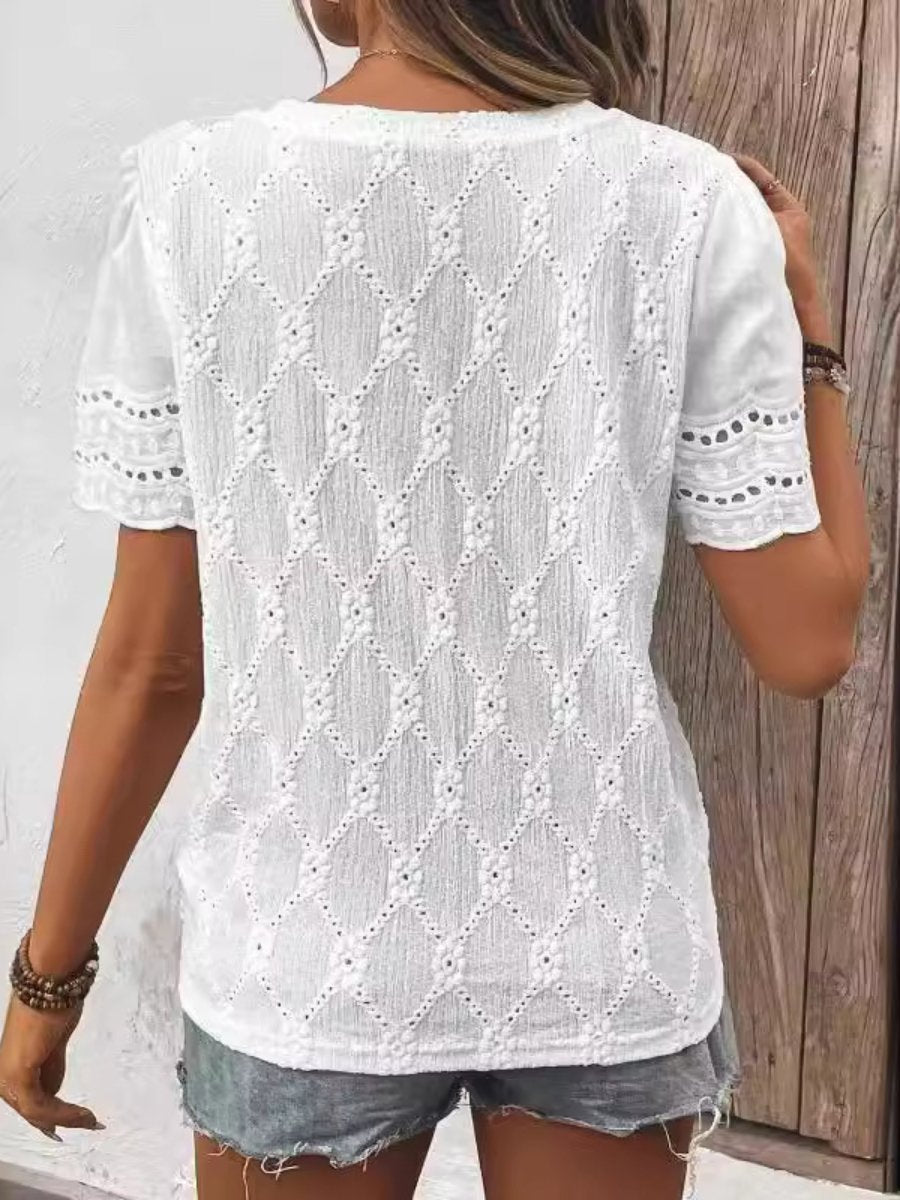 Round-neck Hollow Out Lace Trim Short-sleeve T-shirt