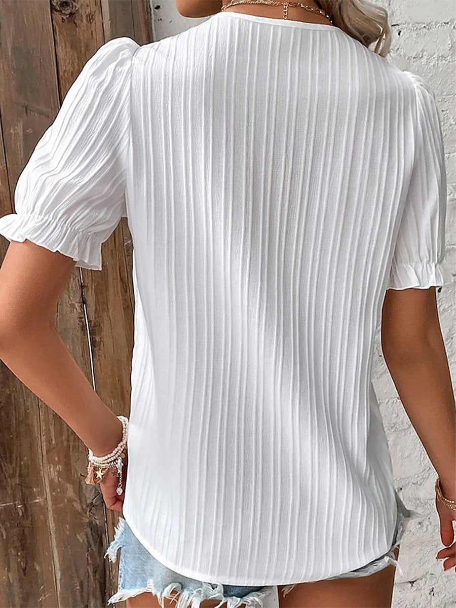 Holiday Fashion Hollow Jacquard Stripe Texture Short Sleeve Shirt