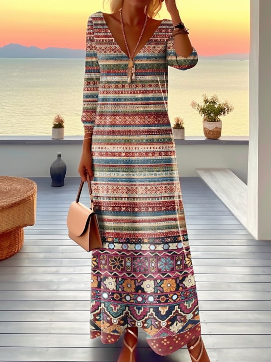 Vintage Boho Striped Printed V-Neck Dress