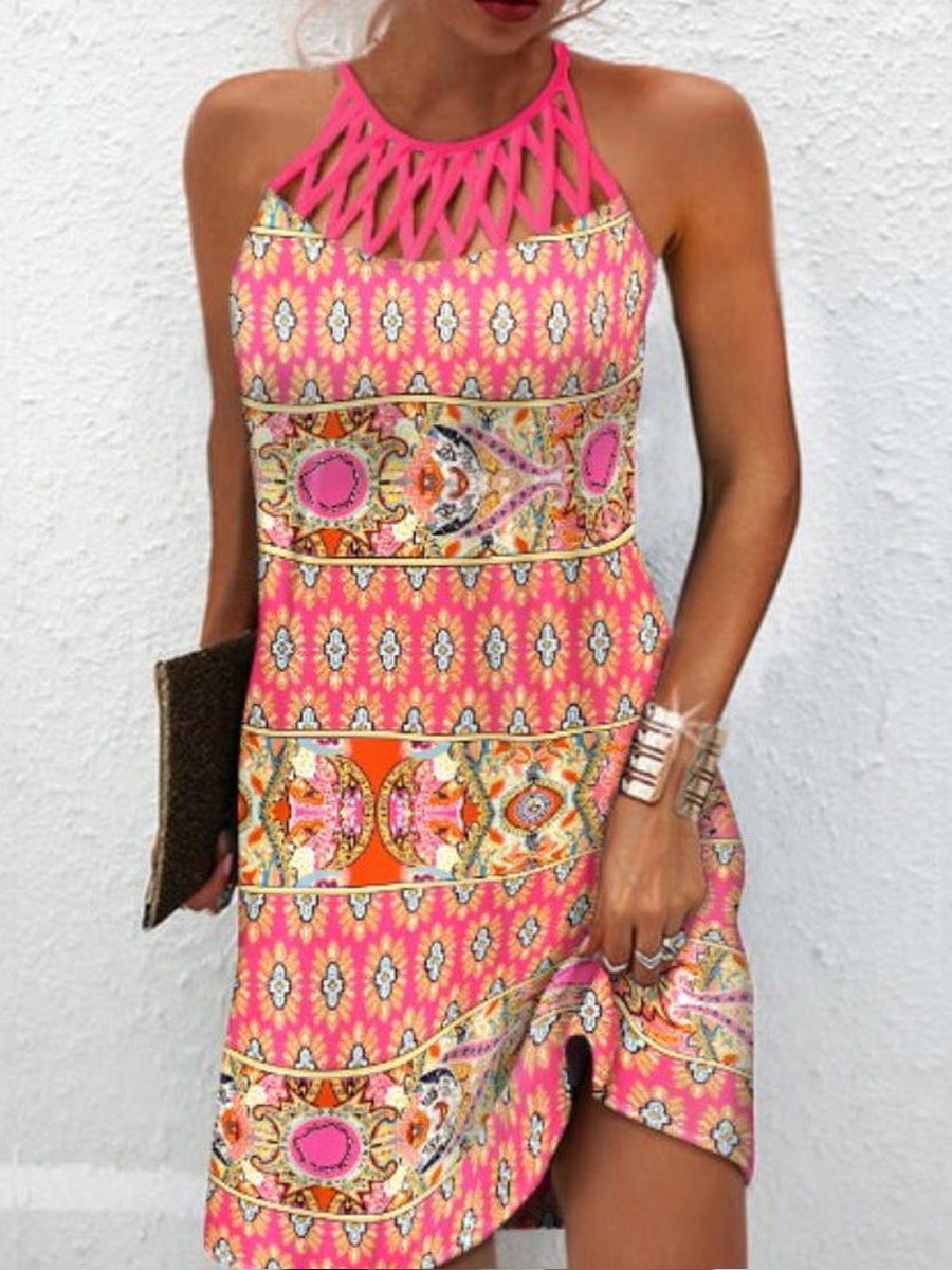 Ethnic Print Mesh Sleeveless Midi Dress