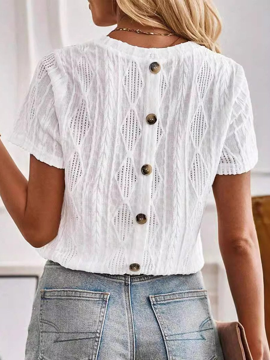 Round Neck Buttoned Cutout Jacquard Short-sleeved T-shirt