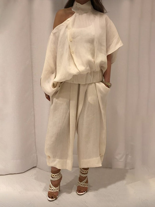 Casual Off Shoulder Linen Shirt + Pants