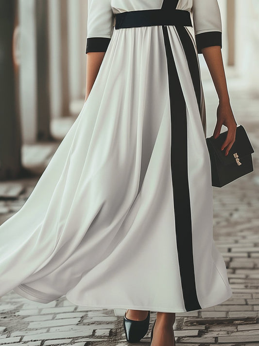 Elegant Round Neck Black Line Dress