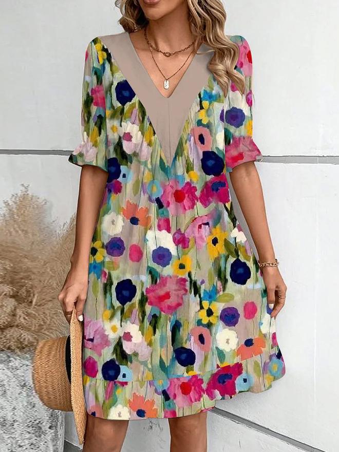 V-neck Lace-trimmed Floral A-line Dress