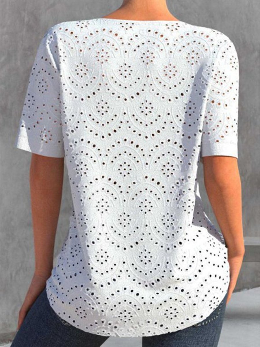 V-Neck Hollow Jacquard Short-Sleeved T-Shirt