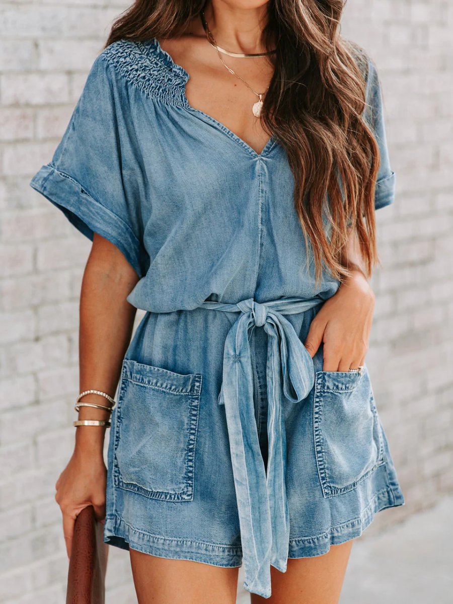 Stylish V-neck Washed Denim Loose Romper