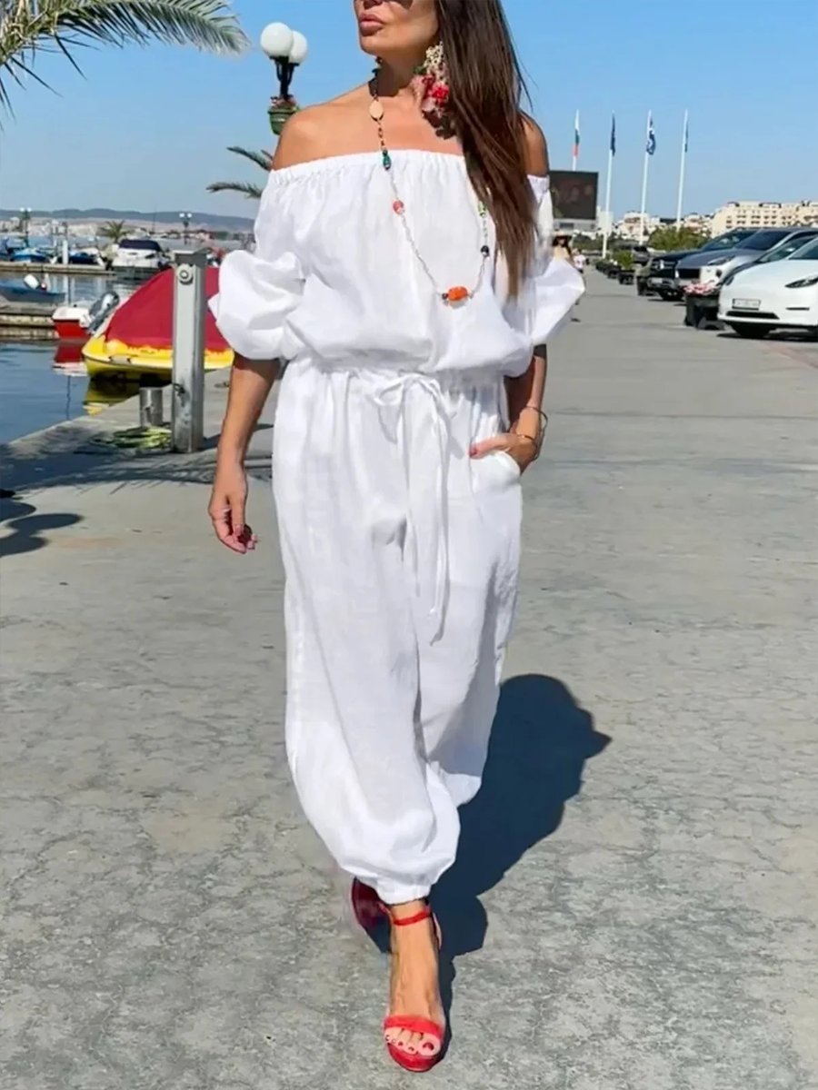 Off-The-Shoulder Tie Waist Linen Jumpsuit