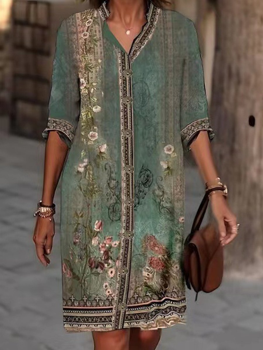 Printed Mid-Length Sleeve Shirt Dress