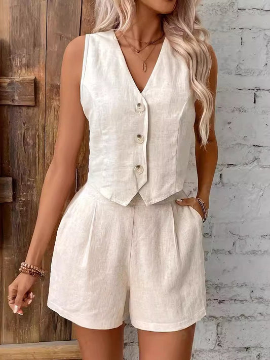 Casual Cotton and Linen Vest and Shorts Set