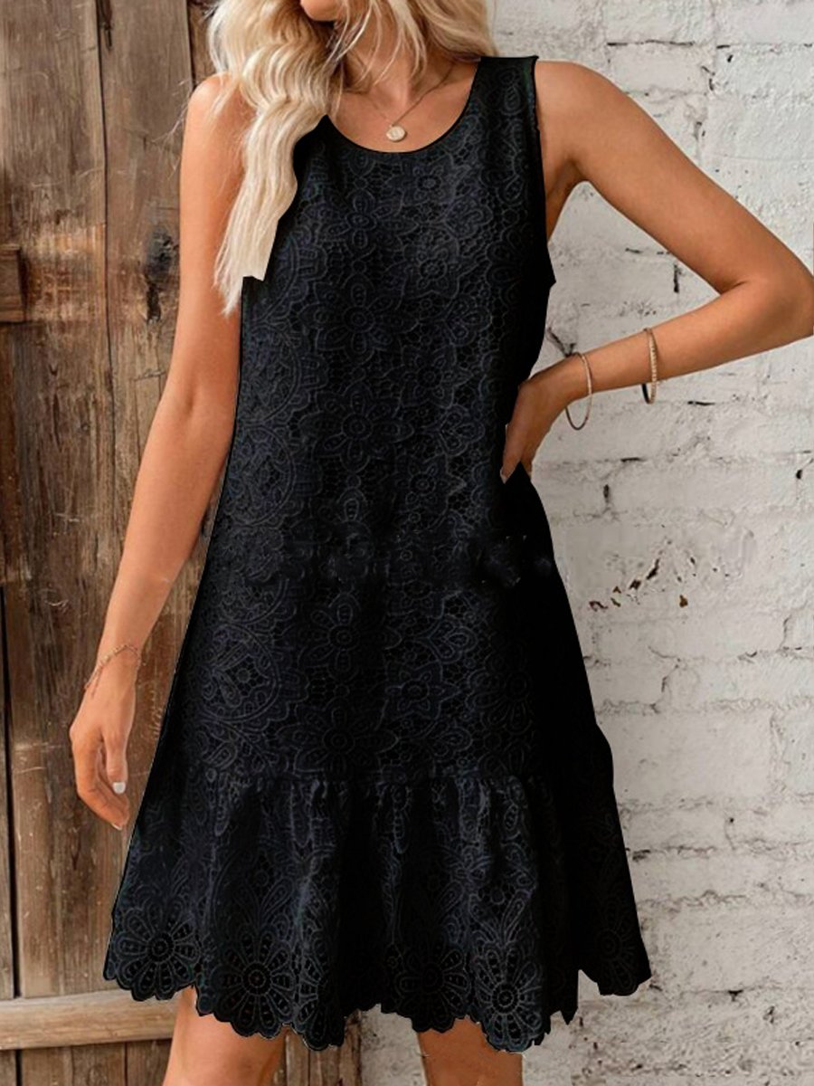 Round Neck Embroidered Sleeveless Ruffle Dress