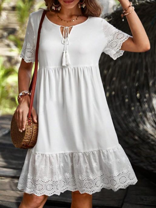 Elegant Lace Trim Patchwork Midi Dress