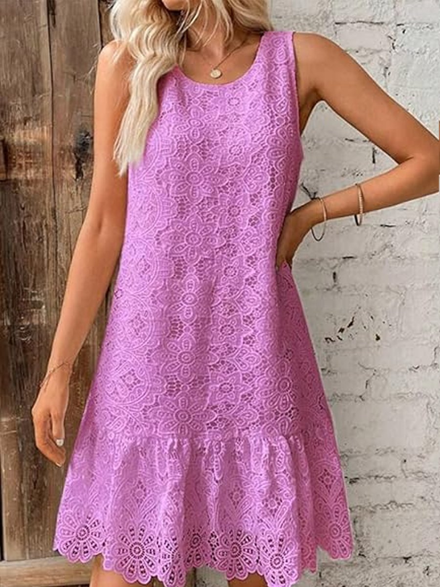 Round Neck Embroidered Sleeveless Ruffle Dress