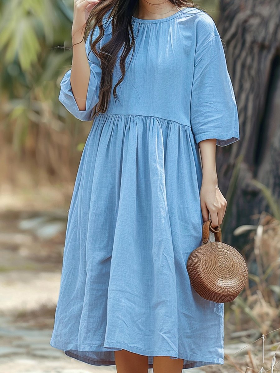 Round Neck Casual Cotton Linen Midi Dress