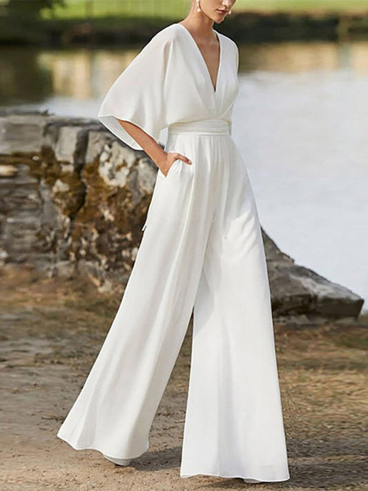 V-Neck High-Waisted Wide-Leg Jumpsuit