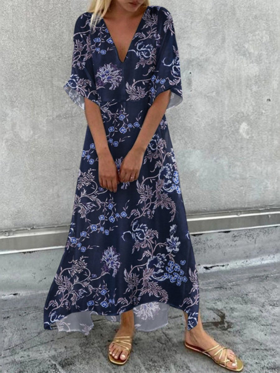 V-neck Printed Full Skirt Maxi Dress