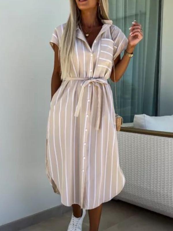 Classci Striped Waist Tie Shirt Dress