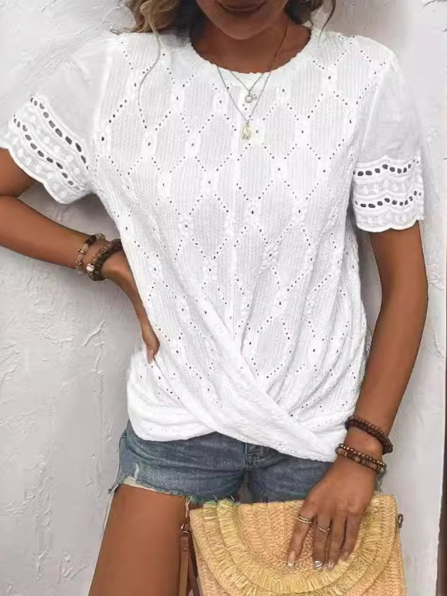 Round-neck Hollow Out Lace Trim Short-sleeve T-shirt