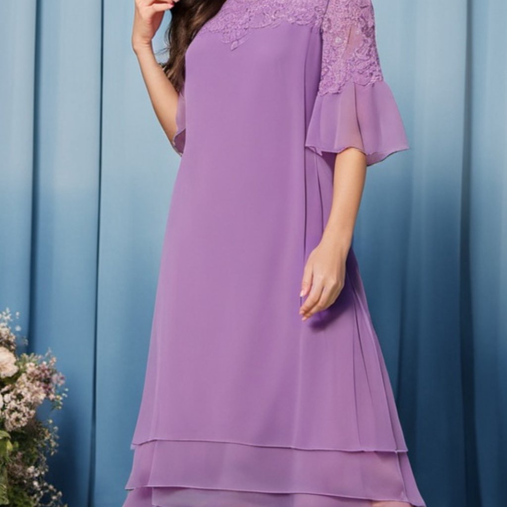 Elegant Lace Trim Patchwork Chiffon Dress