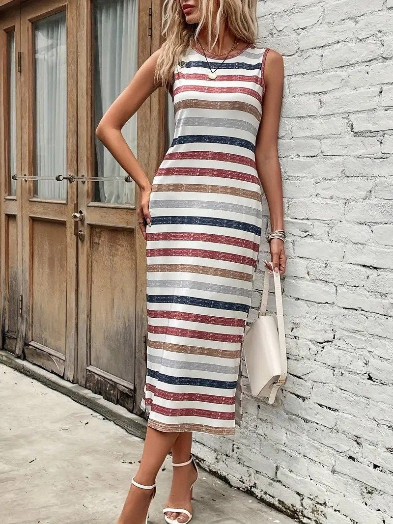 Classic Stripe Graphic Sleeveless Casual Dress