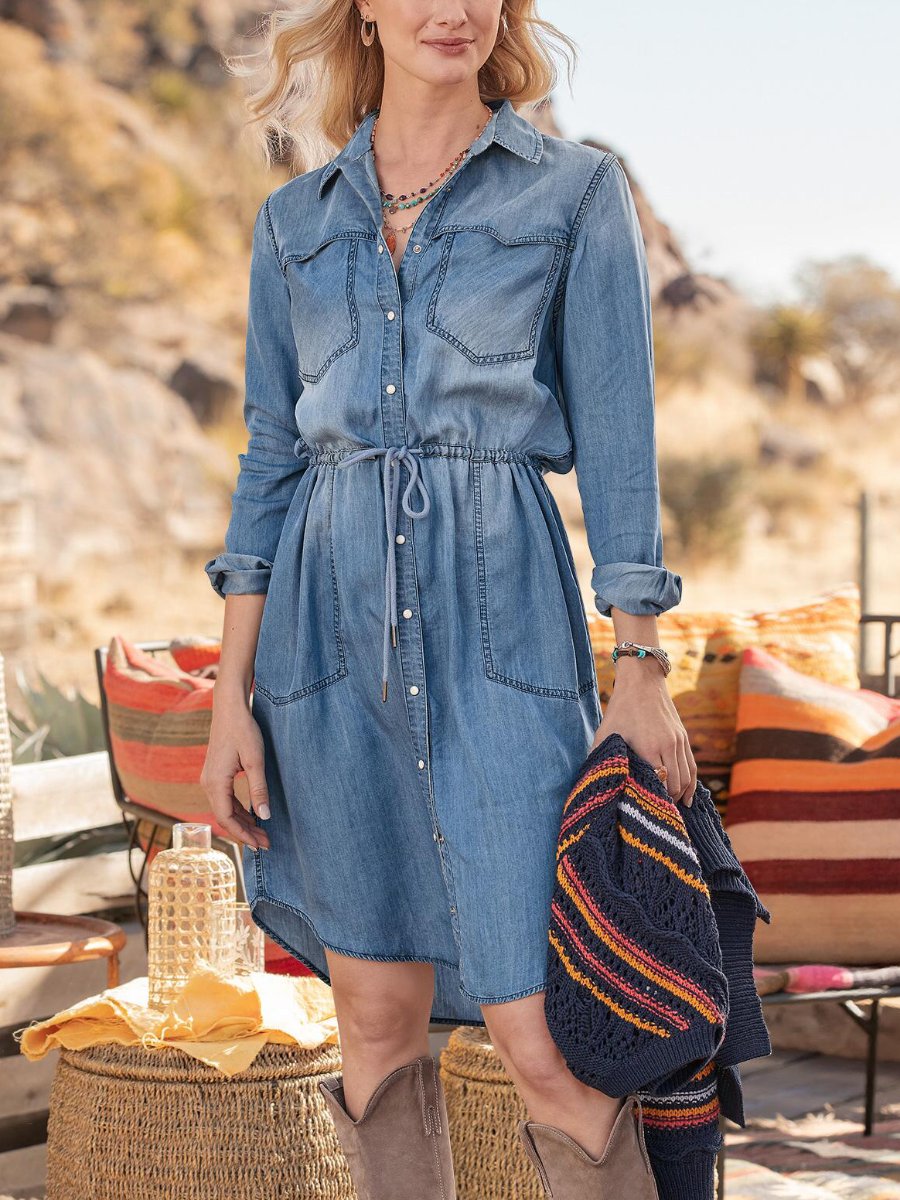 Classic Lapel Elastic Waist Denim Shirt Dress