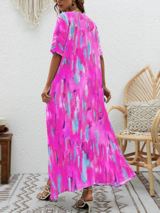 V-neck Floral Print Wide Swing Maxi Dress