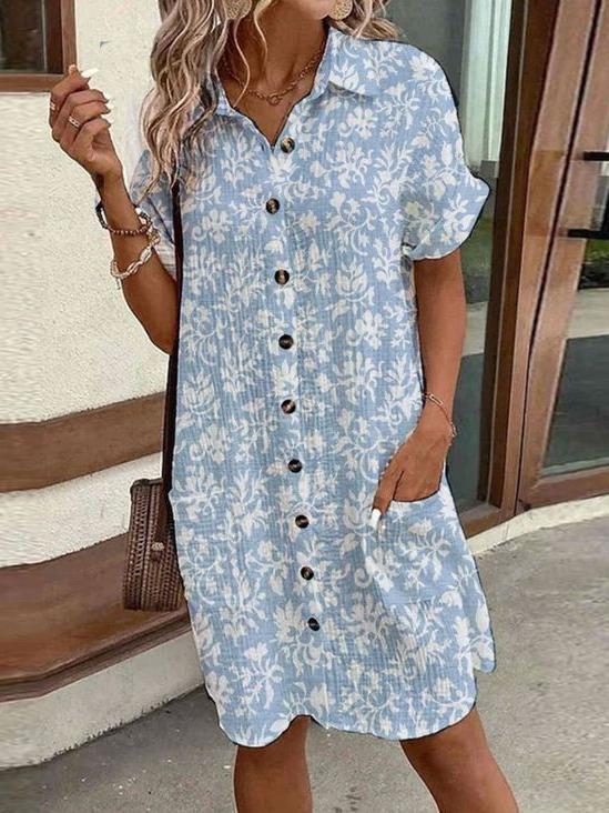 Lapel Printed Pocket Shirt Dress