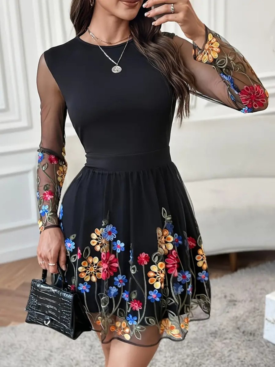 Elegant See-through Embroideried Mesh Sleeve Skater Dress