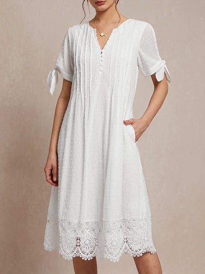 V-neck Pleated Button Lace Trim Dress