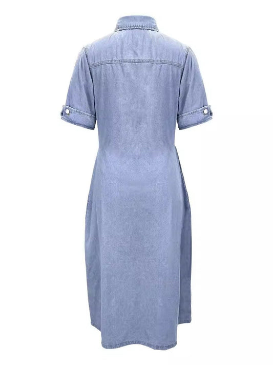 Buttoned Slim Fit Pocket Lapel Short Sleeve Denim Dress