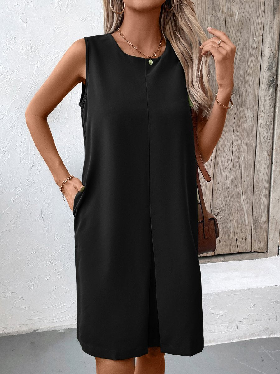 Basic Solid Color Sleeveless Pockets Shift Dress