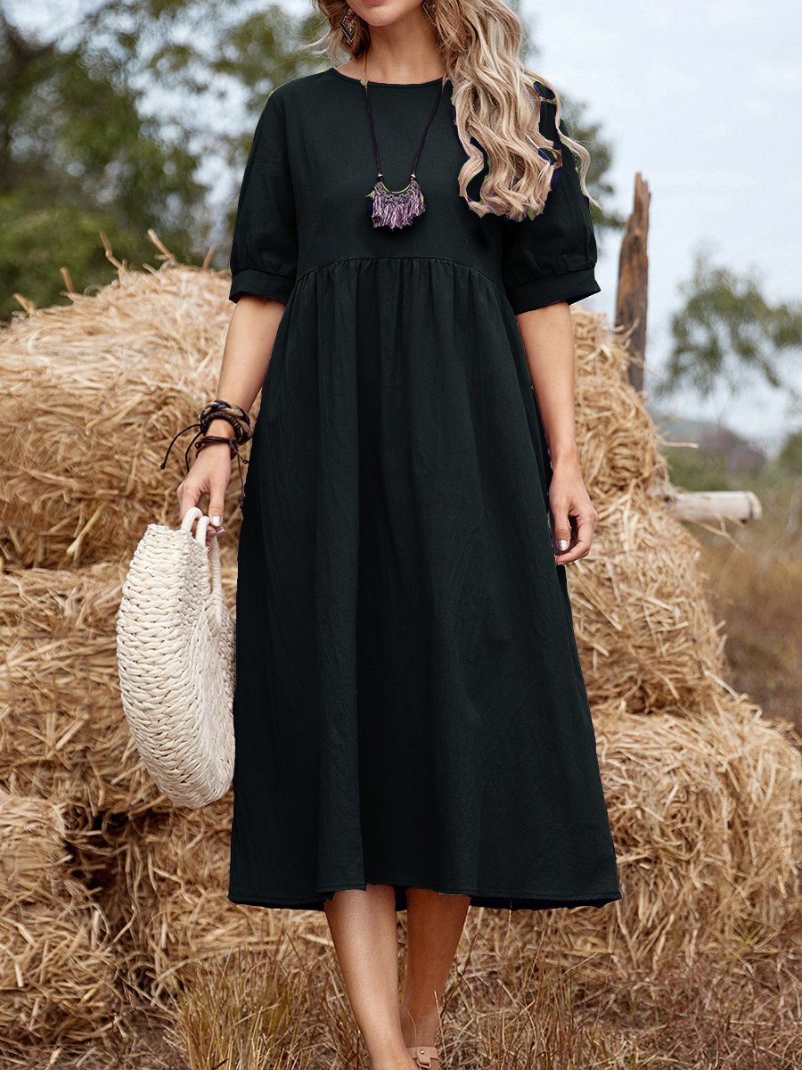 Loose Cotton Linen Round Neck Dress