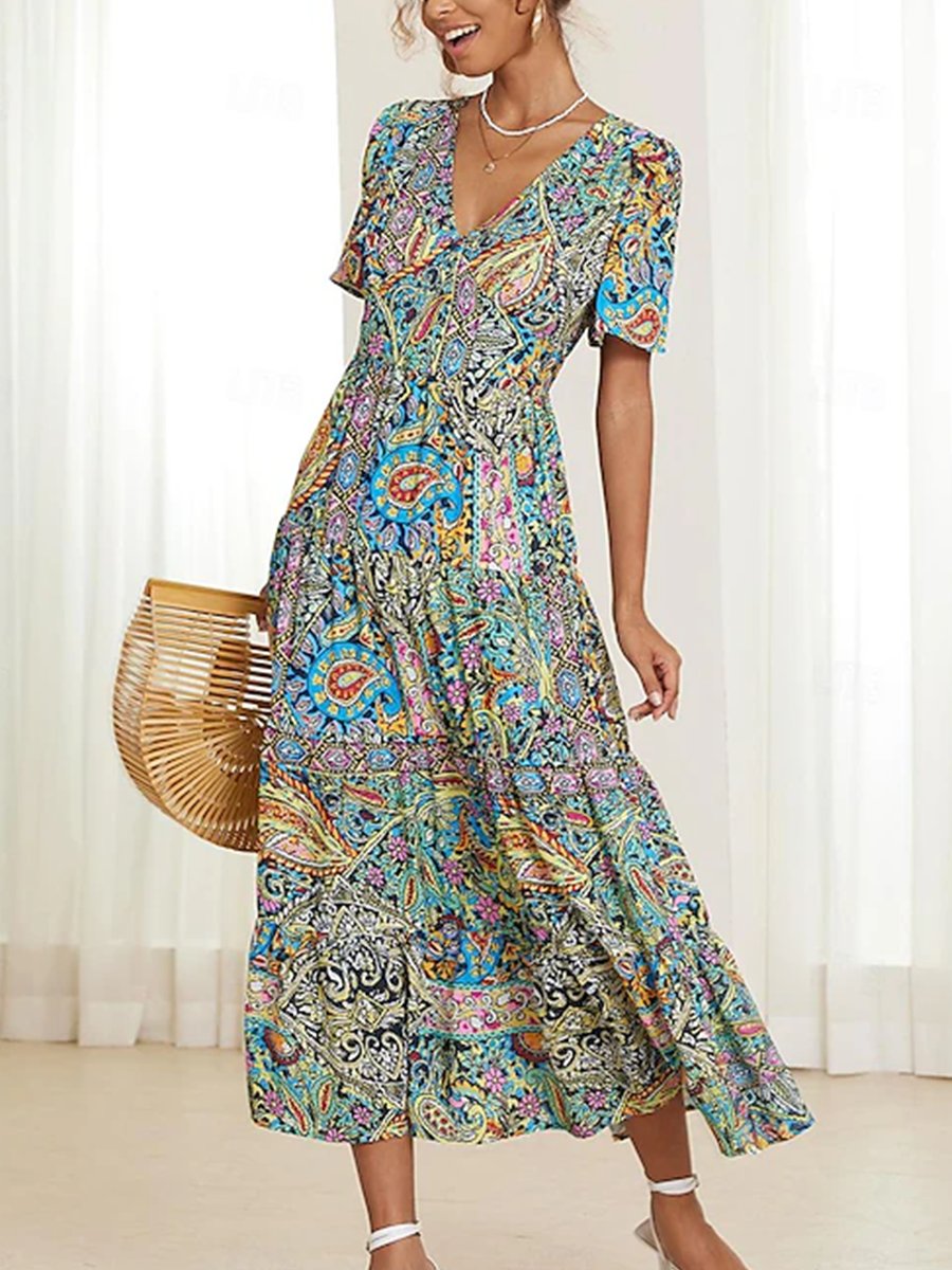 Bohemian V-Neck Paisley Maxi Dress