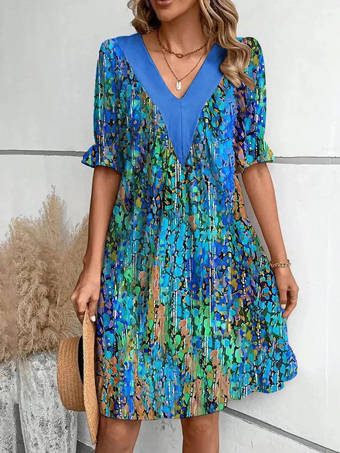 V-neck Lace-trimmed Floral A-line Dress