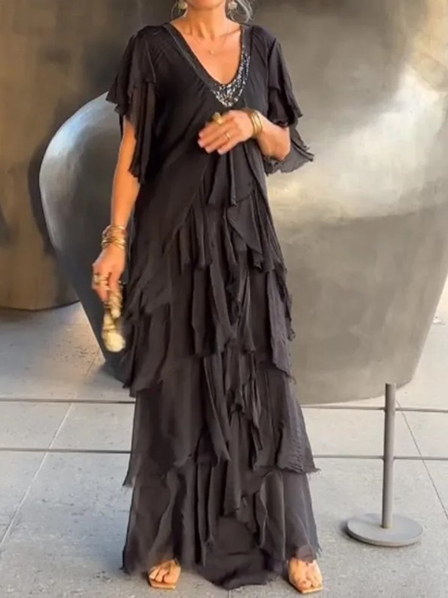 V-Neck Fringe Maxi Dress