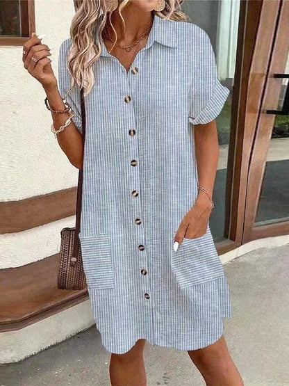 Lapel Printed Pocket Shirt Dress