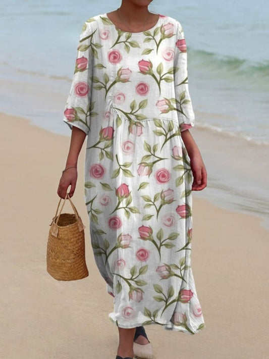 Cotton Linen Printed Patchwork Maxi Dress