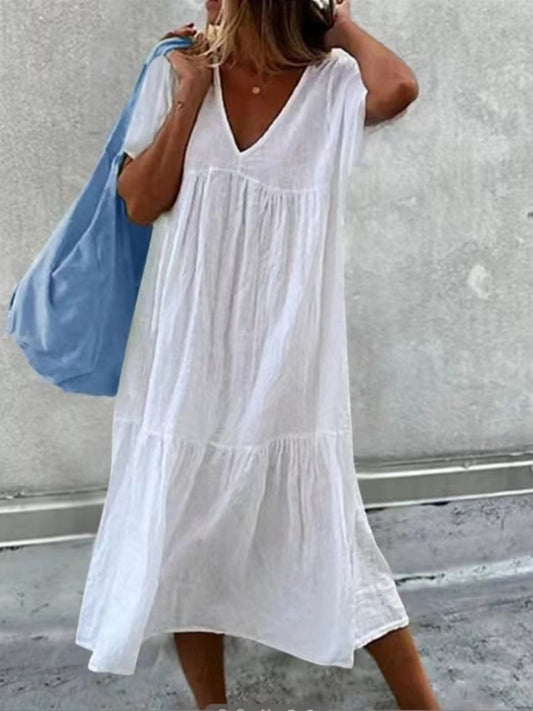 V-neck Cotton and Linen Maxi Dress