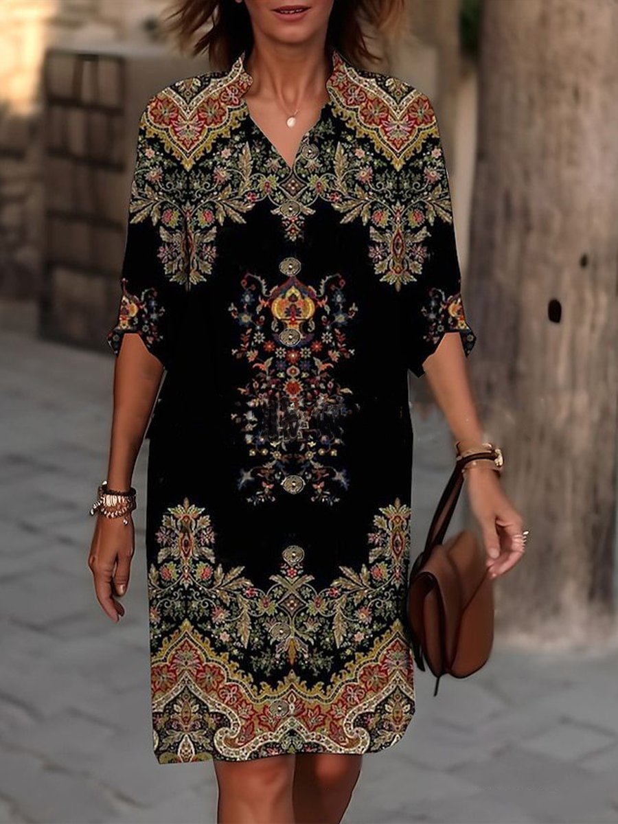 Printed Mid-Length Sleeve Shirt Dress