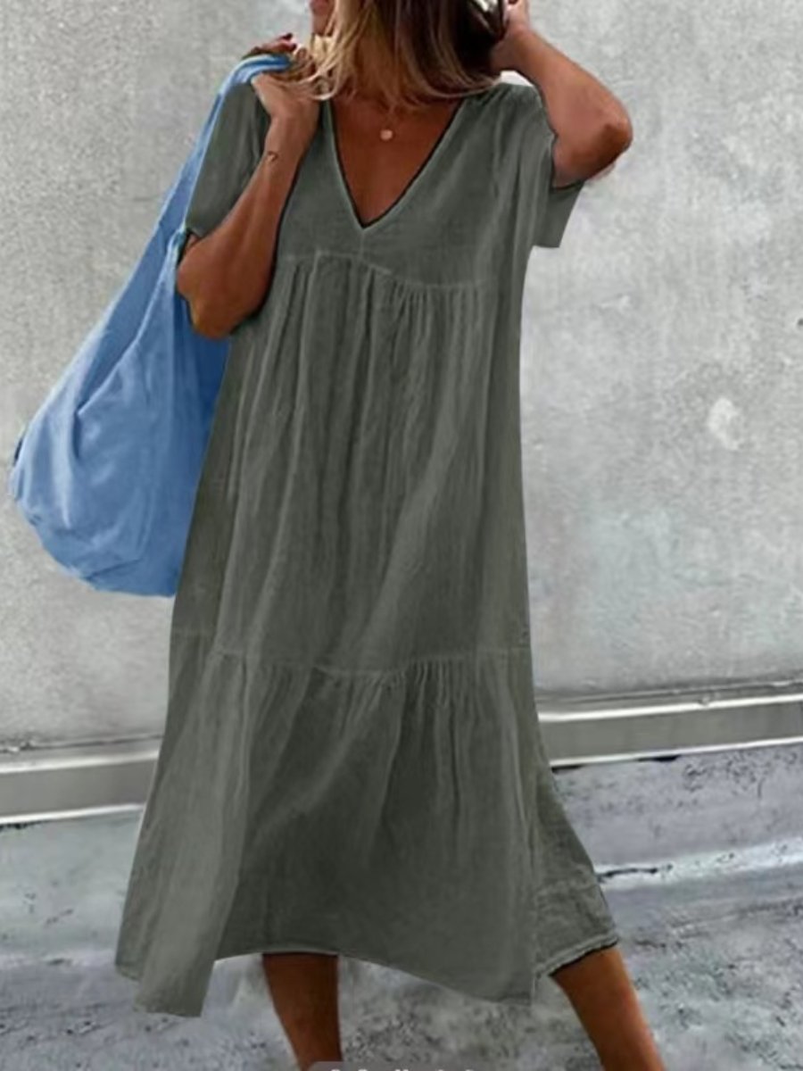 V-neck Cotton and Linen Maxi Dress