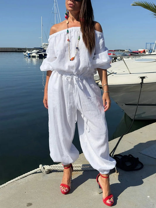 Off-The-Shoulder Tie Waist Linen Jumpsuit