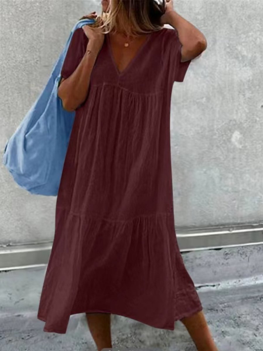 V-neck Cotton and Linen Maxi Dress