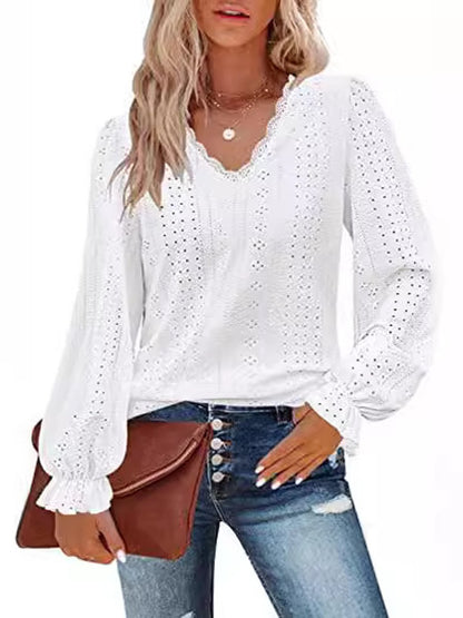 V-neck Cutout Jacquard Casual Long Sleeve Shirt