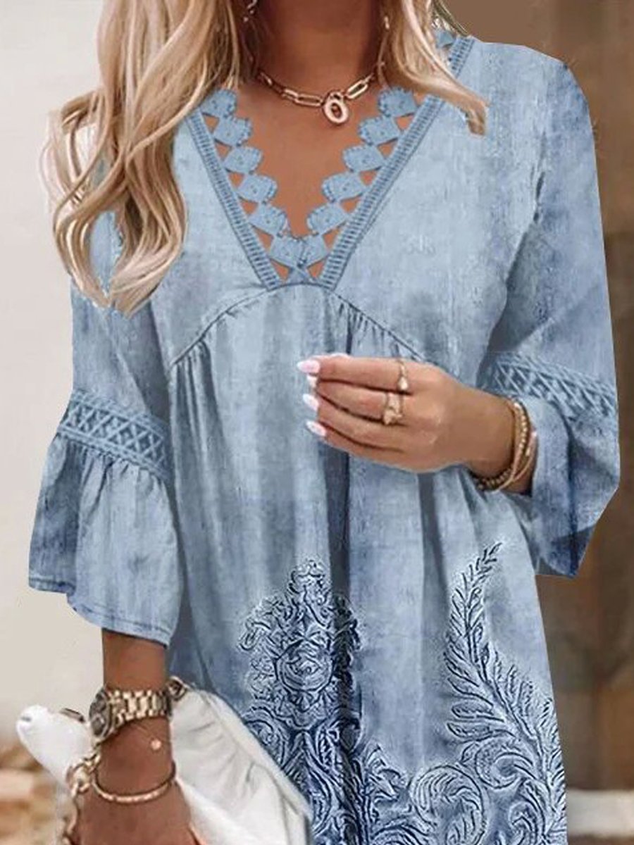 V-Neck Lace Print Dress