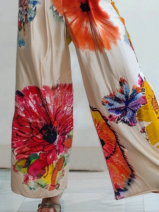 Silk Tie-Dye Floral Wide-Leg Jumpsuit